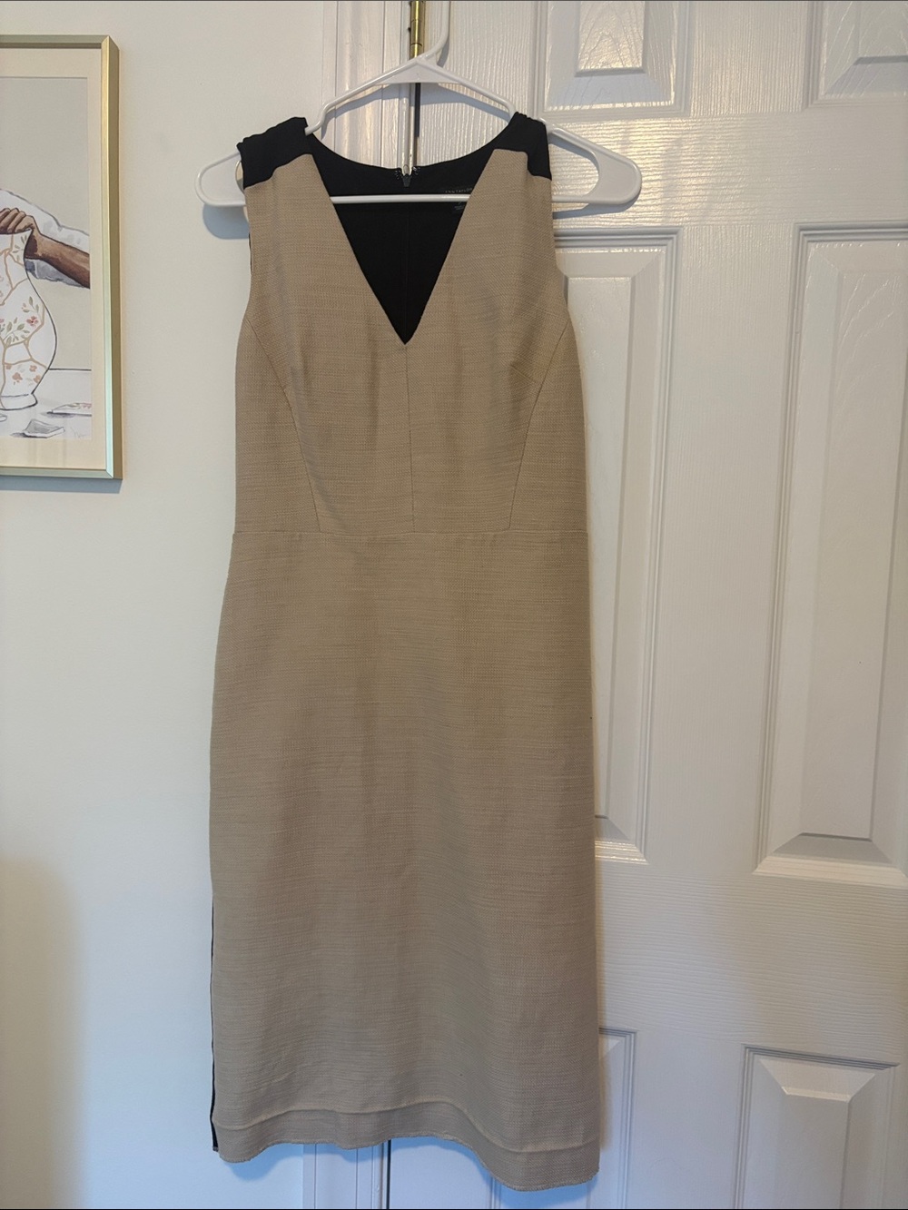 Ann Taylor Beige Midi Sheath Dress with Black Accents